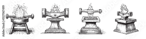 Hand-Drawn Vintage Blacksmith Tools and Equipment Illustrations, Set Logo design, Vector Illustration, Engraving style