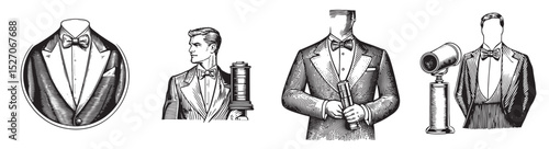 Vintage Illustration of Elegant Men in Tuxedos with Accessories, Set Logo design, Vector Illustration, Engraving style