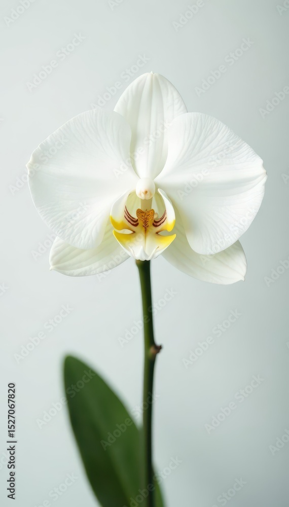 Naklejka premium Single white orchid, delicate petals, bright white backdrop, elegant, illustration