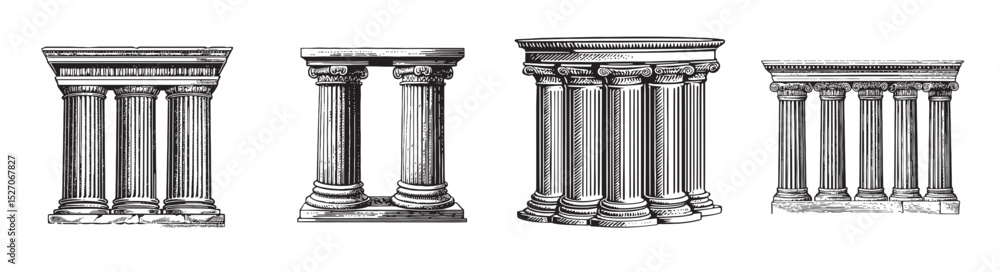 Obraz premium Classic Architectural Elements of Ancient Greek Columns and Pillars, Set Logo design, Vector Illustration, Engraving style