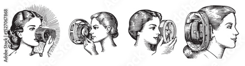 Vintage Illustrations of Women Using Early Photography Devices, Set Logo design, Vector Illustration, Engraving style