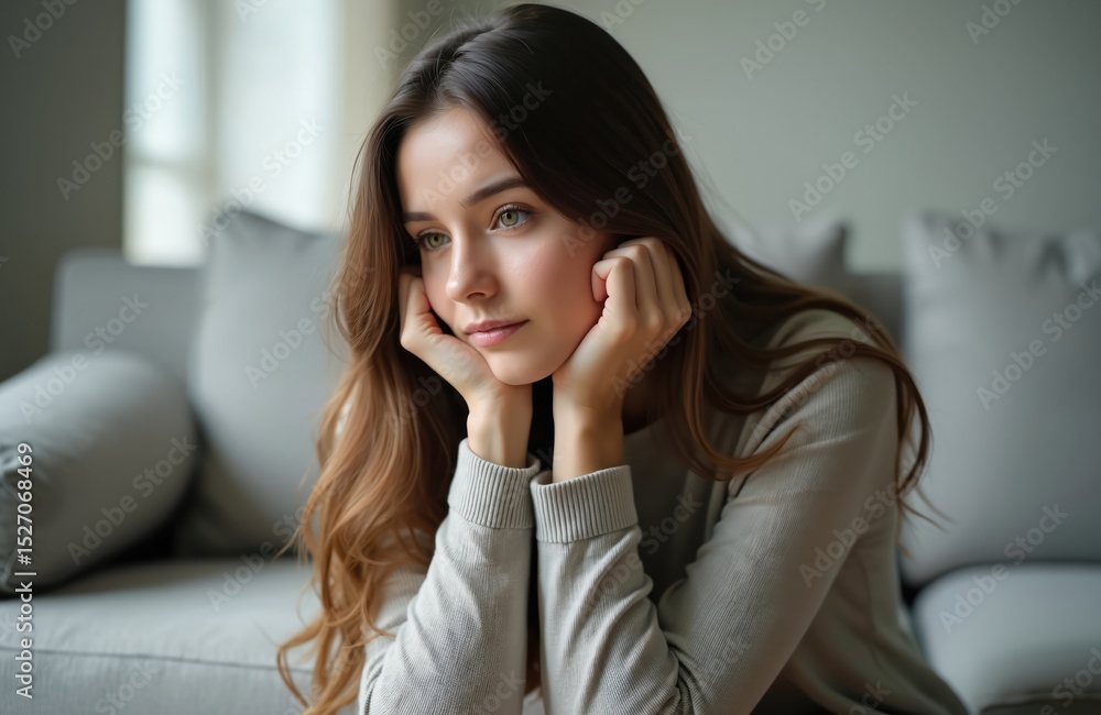 Attractive young woman rests on couch indoors. Thinking about problem face expression, thoughtful look, depression. Female is in solitude. The illustration shows sadness, anxiety or stress. Attractive young woman rests on couch indoors. Thinking about problem face expression, thoughtful look, depression. Female is in solitude. The illustration shows sadness, anxiety or stress.