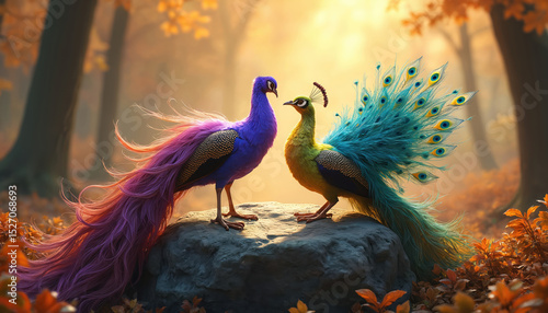 AI-generated illustration featuring two magical peacocks in enchanted forest. Vivid colors, fantasy atmosphere, enchanting scene with birds. Ideal for fairy tales, children books, posters. Artwork