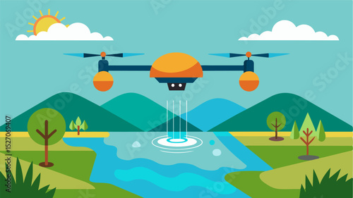 Agricultural drones equipped with thermal sensors allow for remote monitoring of water levels in ponds and reservoirs helping farmers ensure proper irrigation for their crops.. Vector illustration