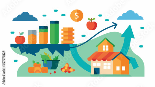 A visual representation of the correlation between natural disasters and the subsequent spike in food prices showcasing the economic vulnerability of affected communities.. Vector illustration