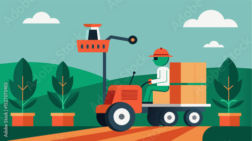 A remotecontrolled robot collects and transports harvested crops to processing facilities reducing the physical strain on farmers.. Vector illustration