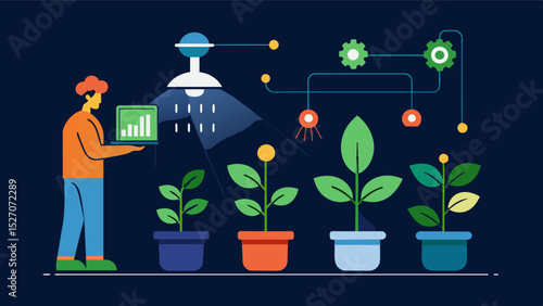 A smart lighting control system that uses machine learning algorithms to analyze plant data and adjust light levels accordingly optimizing growth and reducing waste.. Vector illustration