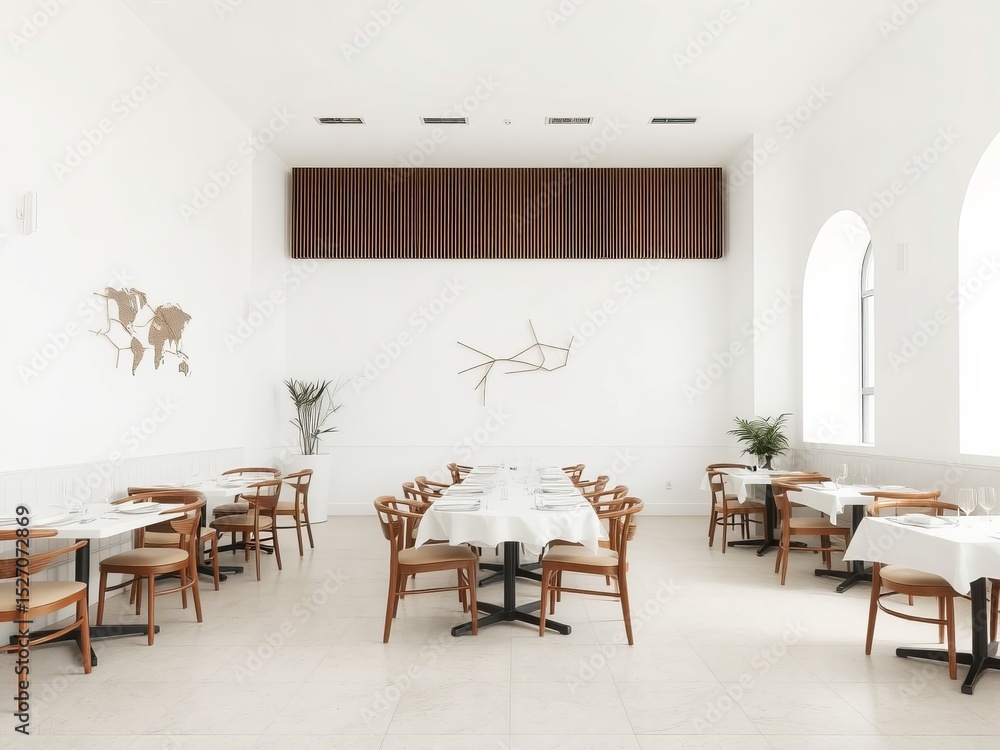 Interior of a bright restaurant with white walls wooden furniture and ample seating arrangements Interior of a bright restaurant with white walls wooden furniture and ample seating arrangements
