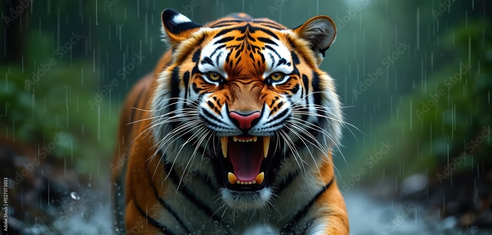 Naklejka premium Fierce tiger roars in rain forest. Wild predator roars with teeth. Intense expression showcases power, strength, dangerous hunter animal. Rainstorm jungle environment, wet fur, stripes, eye contact.