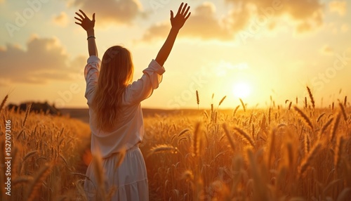 Fototapeta Naklejka Na Ścianę i Meble -  Woman raises arms high in wheat field at sunset. Symbol of freedom, peace, joy, farewell, parting. Golden hour, beautiful warm light, nature landscape background. Emotional moment, hope concept.