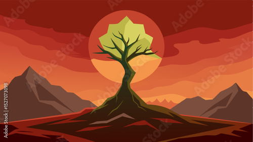 A symbol of survival the lone tree continues to thrive despite the desolation surrounding it.. Vector illustration