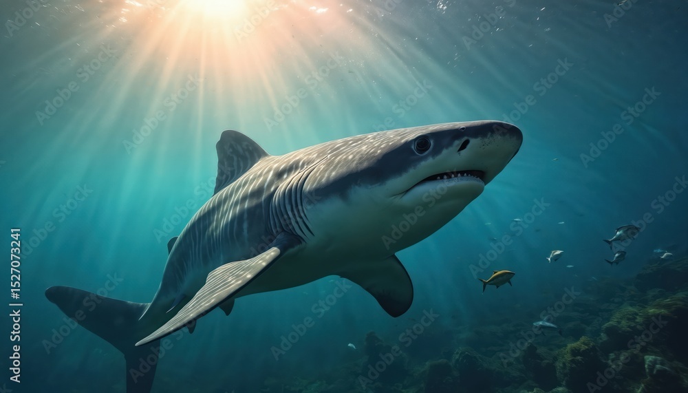 Fototapeta premium Majestic basking swims underwater. Sunlight rays pierce blue ocean depths, illuminating marine life. Marine animal encounter. Basking, giant filter-feeding with large mouth. Explore beauty of