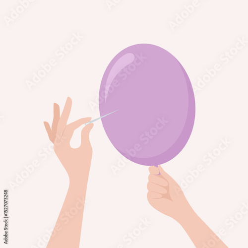 A hand piercing with a needle a purple balloon held by another hand. Flat vector illustration