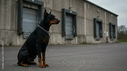 Black doberman pinscher sitting in front of a warehouse