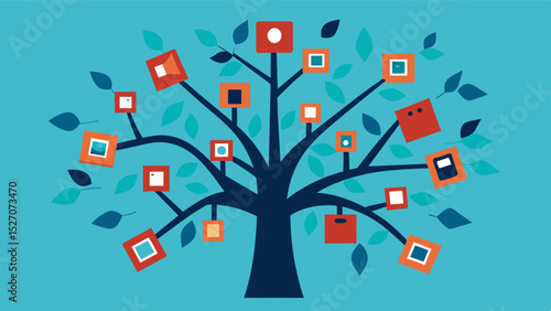 An intricate tree with branches made of photos showcasing how memories grow and branch out over time.. Vector illustration