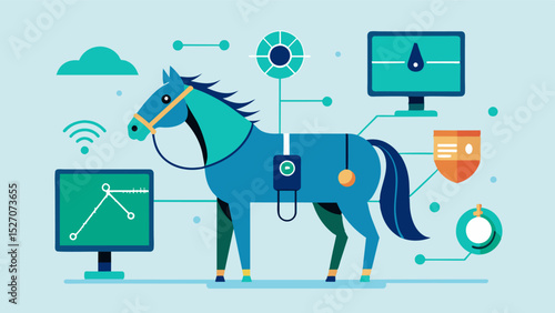 An illustration showing a sensor attached to a horses halter monitoring its movements and feeding habits and sending data to a central computer for analysis.. Vector illustration