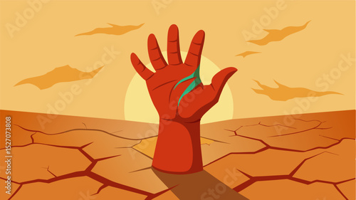 A sunburnt hand gripping tightly onto the dry cracked earth a testament to the scorching heat and lack of moisture.. Vector illustration
