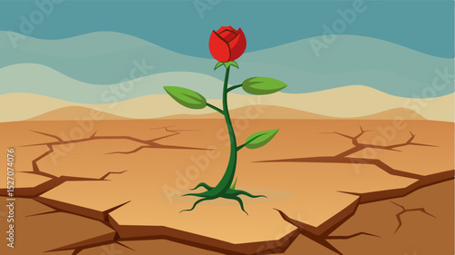 A young bud unable to fully bloom surrounded by parched and crumbled soil representing the constant struggle for survival in a changing environment.. Vector illustration