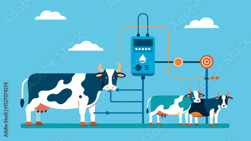 A smart feeding system for dairy cows that monitors milk production levels and adjusts feed accordingly to maintain optimal milk yield.. Vector illustration