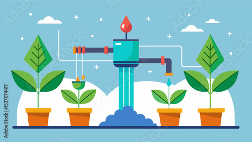 An innovative irrigation system that adjusts water distribution based on plant growth stages ensuring plants receive optimal amounts of water as they develop.. Vector illustration