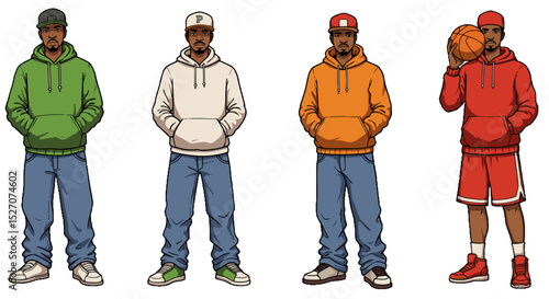 Four male basketball players in colorful hoodies and sportswear
