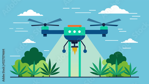 An intelligent dronebased spraying system that uses AI to detect weed patches and accurately spray herbicides only in those areas reducing unnecessary chemical usage.. Vector illustration