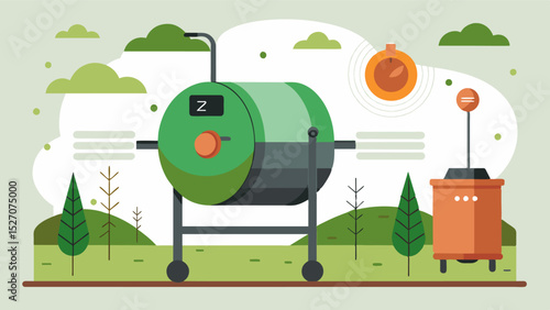 A rotating drum composter equipped with temperature and moisture sensors allowing farmers to monitor and adjust the composting process remotely.. Vector illustration