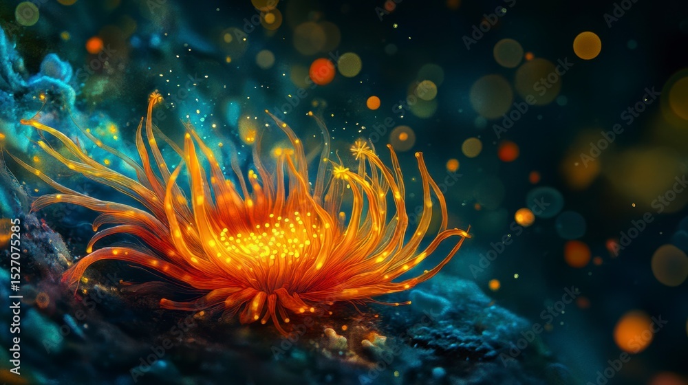 Obraz premium Vibrant orange bioluminescent underwater sea anemone with glowing particles.