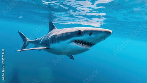 Great White Shark Swimming in Clear Blue Ocean Waters, Close-up View