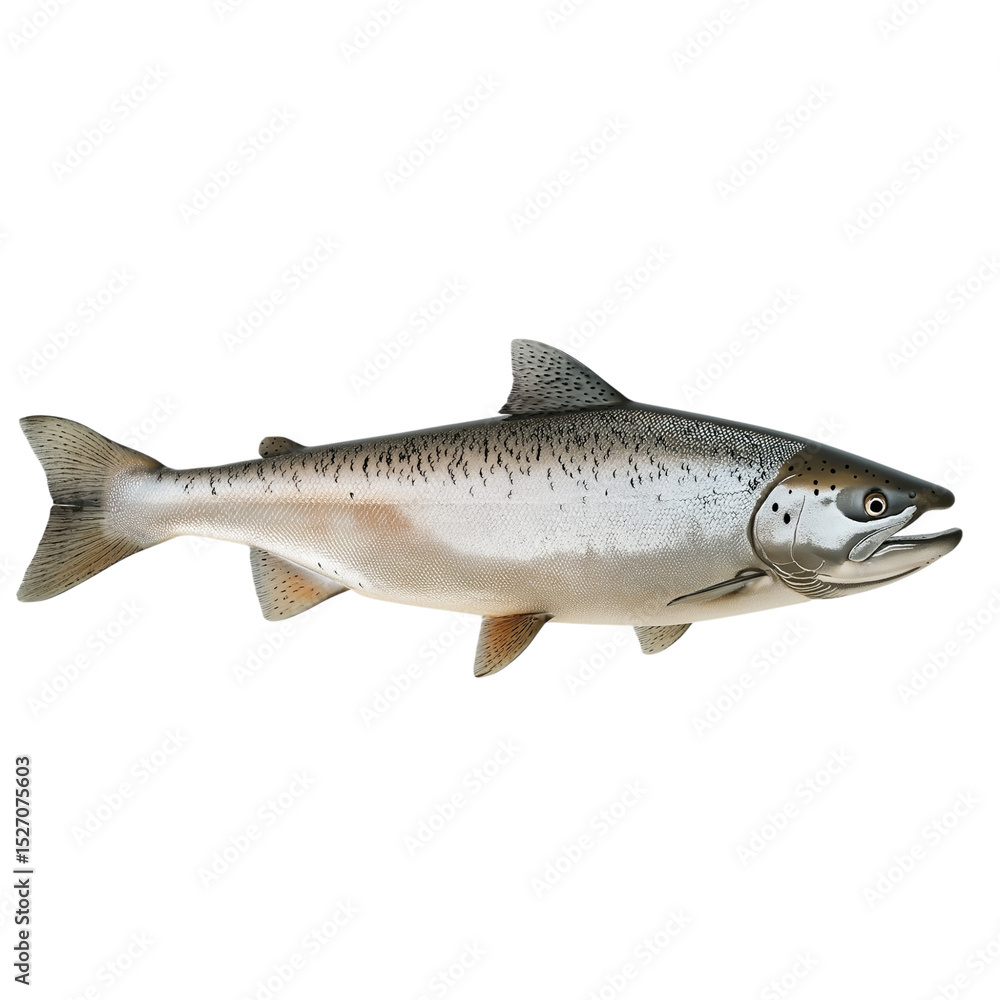 Naklejka premium Side view of a salmon swimming in a river, isolated on a clean white background, highlighting its streamlined body, textured scales
