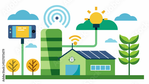 A smart ventilation system that can be controlled remotely through a smartphone app giving farmers the ability to make adjustments from anywhere.. Vector illustration