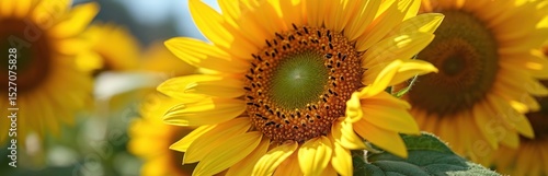 Close-up yellow sunflower in sunlight. Helianthus annuus plant with vibrant petals, detail of flower core, pollen. Nature bloom floral background, sunny day.