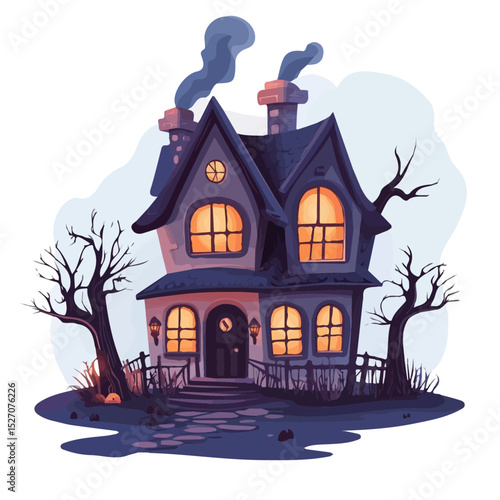 2D flat Haunted House Shrouded Fog illustration vector, isolated on a white background.