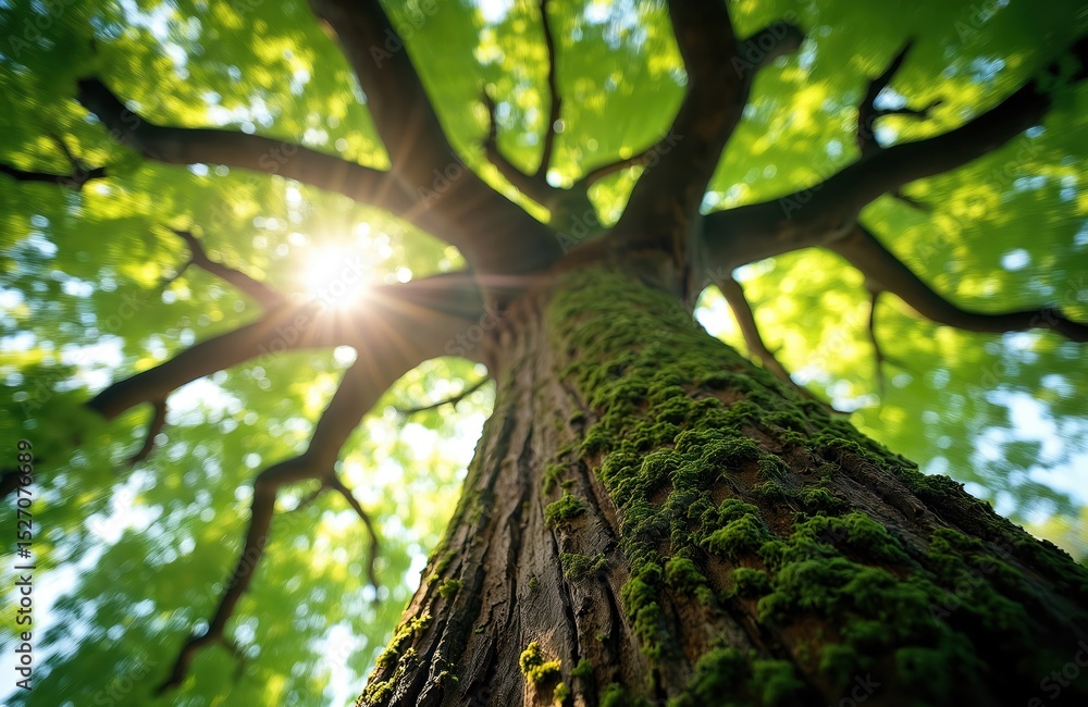 Fototapeta premium Low angle shot mighty tree with moss, bark texture. Green foliage leaves with soft sunbeams. Idyllic summer landscape, pure nature, environment, ecology concept. Travel tourism, eco friendly, save