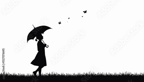 Silhouette of a woman holding an umbrella with butterflies flying around  