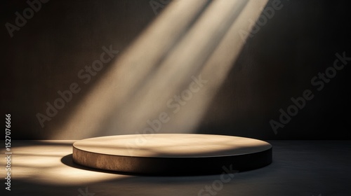 Dark room, spotlight on round platform, empty stage, display, presentation.