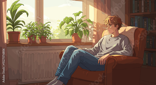 Young man sitting in armchair by window with plants during daytime  
