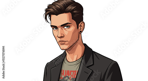Young man with slicked-back hair wearing casual attire in illustration  