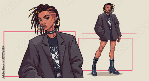 Stylish young woman posing confidently in oversized blazer outfit  