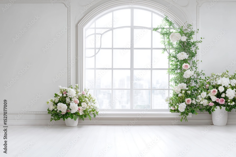 Fototapeta premium Sunlight streams through an arched window, illuminating white floral arrangements in vases