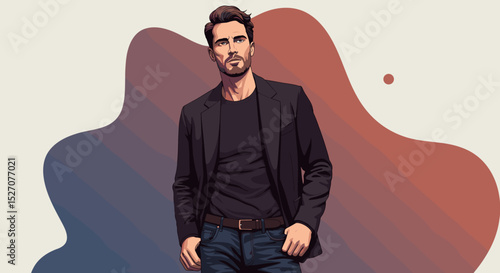 Stylish man standing confidently in modern graphic illustration  