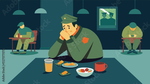 A soldier sitting in a mess hall staring down at his meager portion of food and thinking about his wife and children at home who are struggling with rationing.. Vector illustration