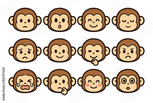 Cute Monkey Emoji Faces Set – Kawaii Expressions in Flat Vector Style for Emotes, Reactions and Stickers
