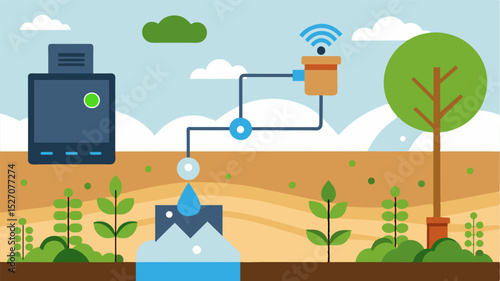 A smart irrigation system using data from soil compaction sensors to adjust water flow based on the type of soil and its ability to retain moisture.. Vector illustration
