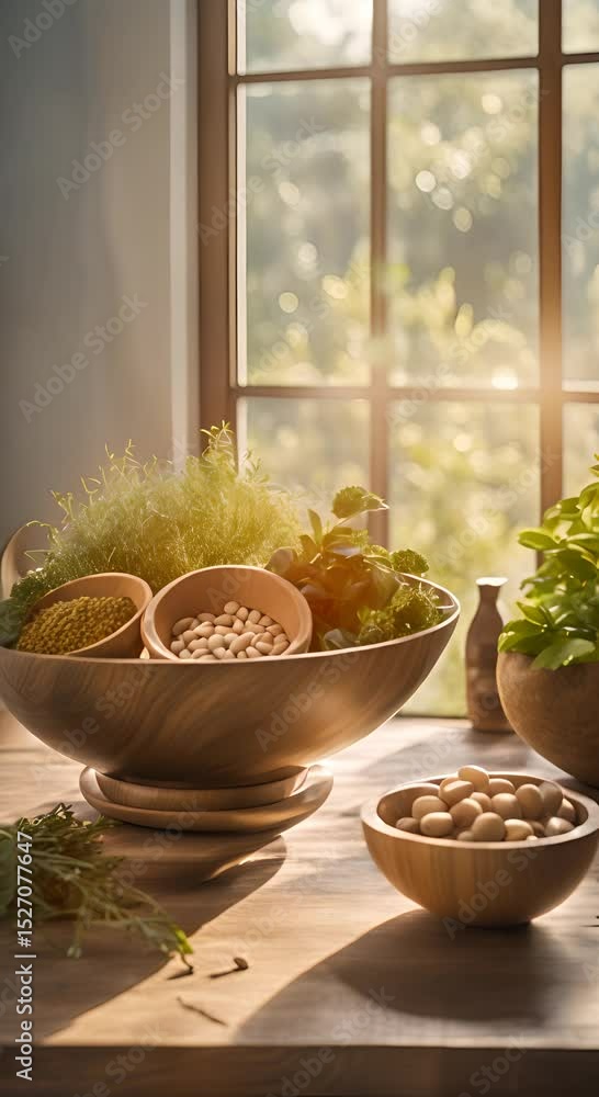 Natural supplements displayed in decorative bowls on wooden table with herbs and sunlight filtering through window 4K vertical Natural supplements displayed in decorative bowls on wooden table with herbs and sunlight filtering through window 4K vertical