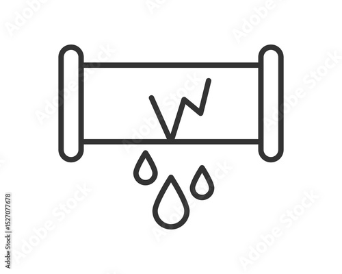 Leaky pipe with crack and water drops. Represents problems, repairs, plumbing issues, or resource waste. Simplistic line art style ideal for icons, infographics.