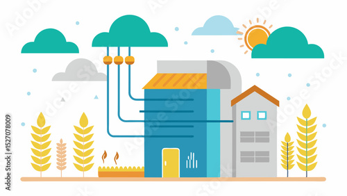 An advanced ventilation system that adjusts temperature and humidity levels based on weather forecasts keeping grains at their optimal condition.. Vector illustration