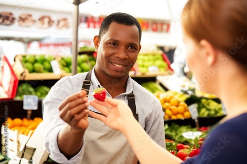 Vendor offering sample of fresh fruit or vegetable to curious shopper