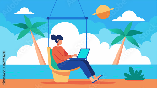 Sitting on a swing chair a remote worker enjoys a refreshing sea breeze while simultaneously responding to emails on their laptop.. Vector illustration