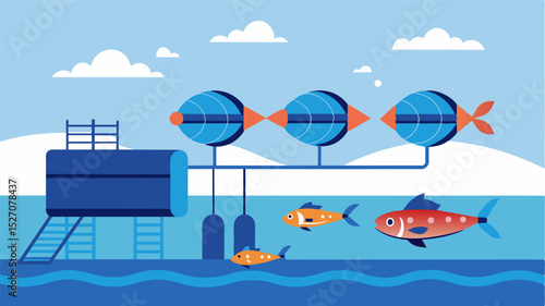 Advanced aeration systems use compressed air to create optimal water circulation improving oxygen levels and preventing the formation of stagnant areas within the fish farm.. Vector illustration